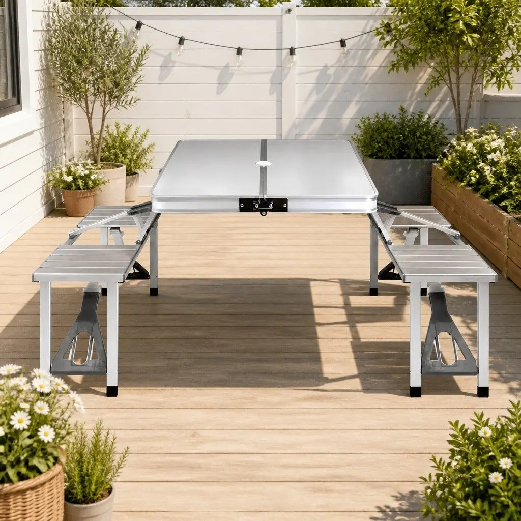 Folding Camping Table Set Outdoor Picnic BBQ Table with 2 Bench Chairs Silver