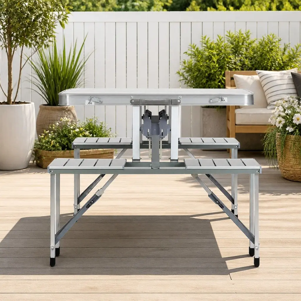 Folding Camping Table Set Outdoor Picnic BBQ Table with 2 Bench Chairs Silver