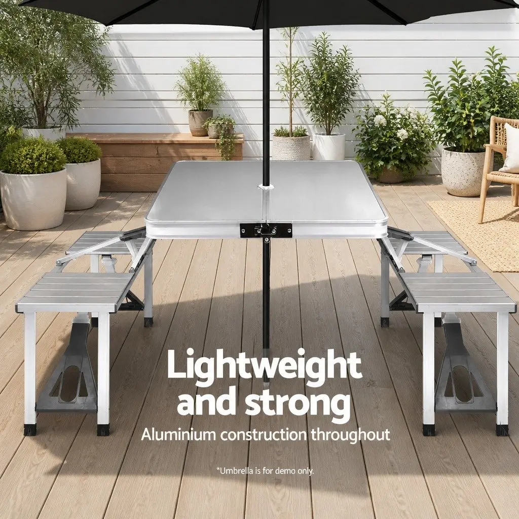 Folding Camping Table Set Outdoor Picnic BBQ Table with 2 Bench Chairs Silver