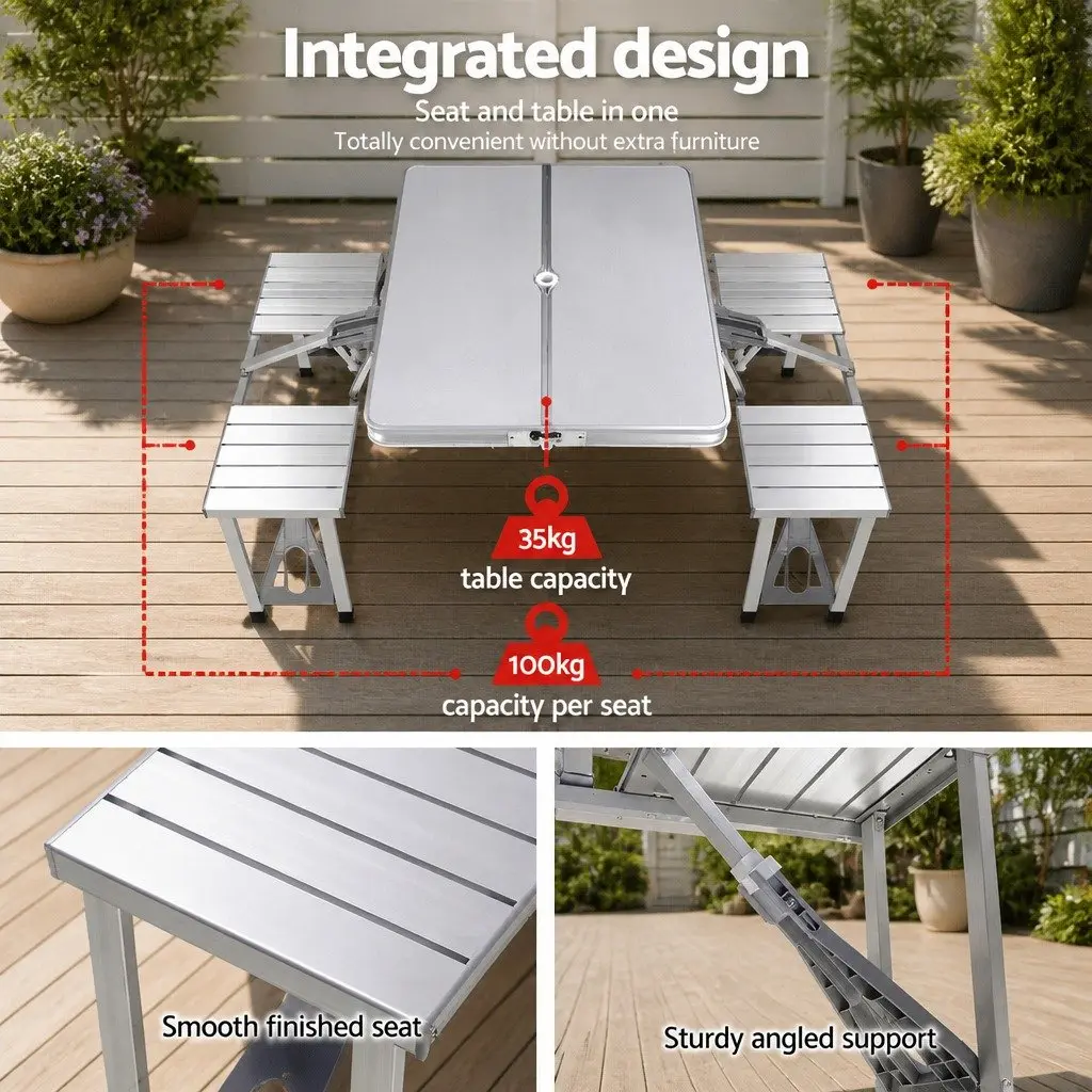 Folding Camping Table Set Outdoor Picnic BBQ Table with 2 Bench Chairs Silver