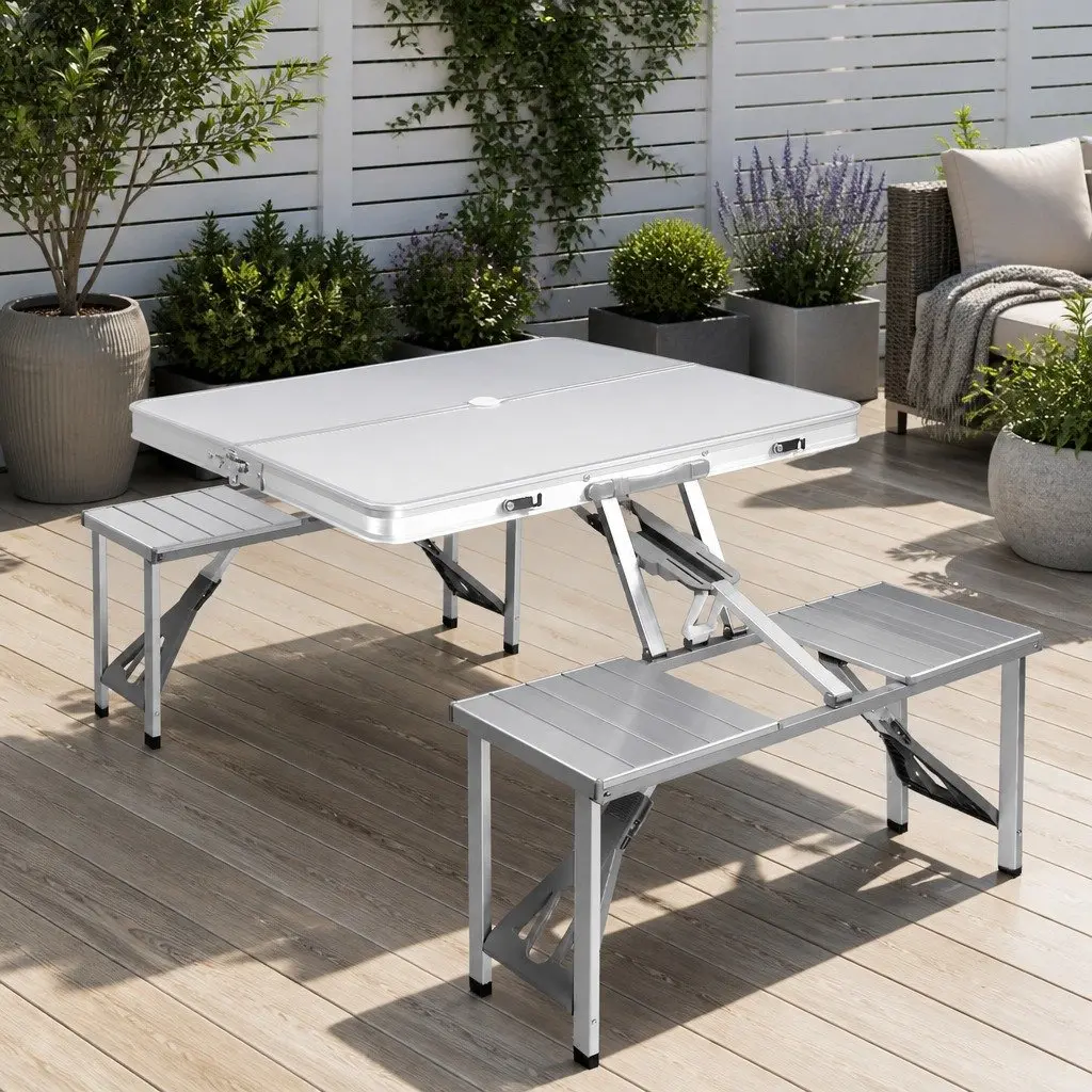 Folding Camping Table Set Outdoor Picnic BBQ Table with 2 Bench Chairs Silver