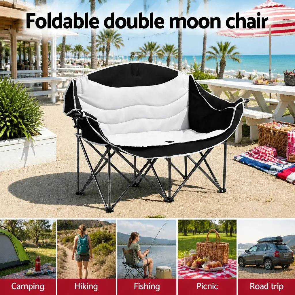Double Folding Moon Chair Portable Camping Seat Two Person Outdoor Relaxation 600D Oxford Fabric White Black