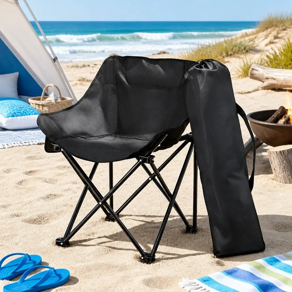 Folding Camping Chair Portable Outdoor Seat Black 120KG Weight Capacity