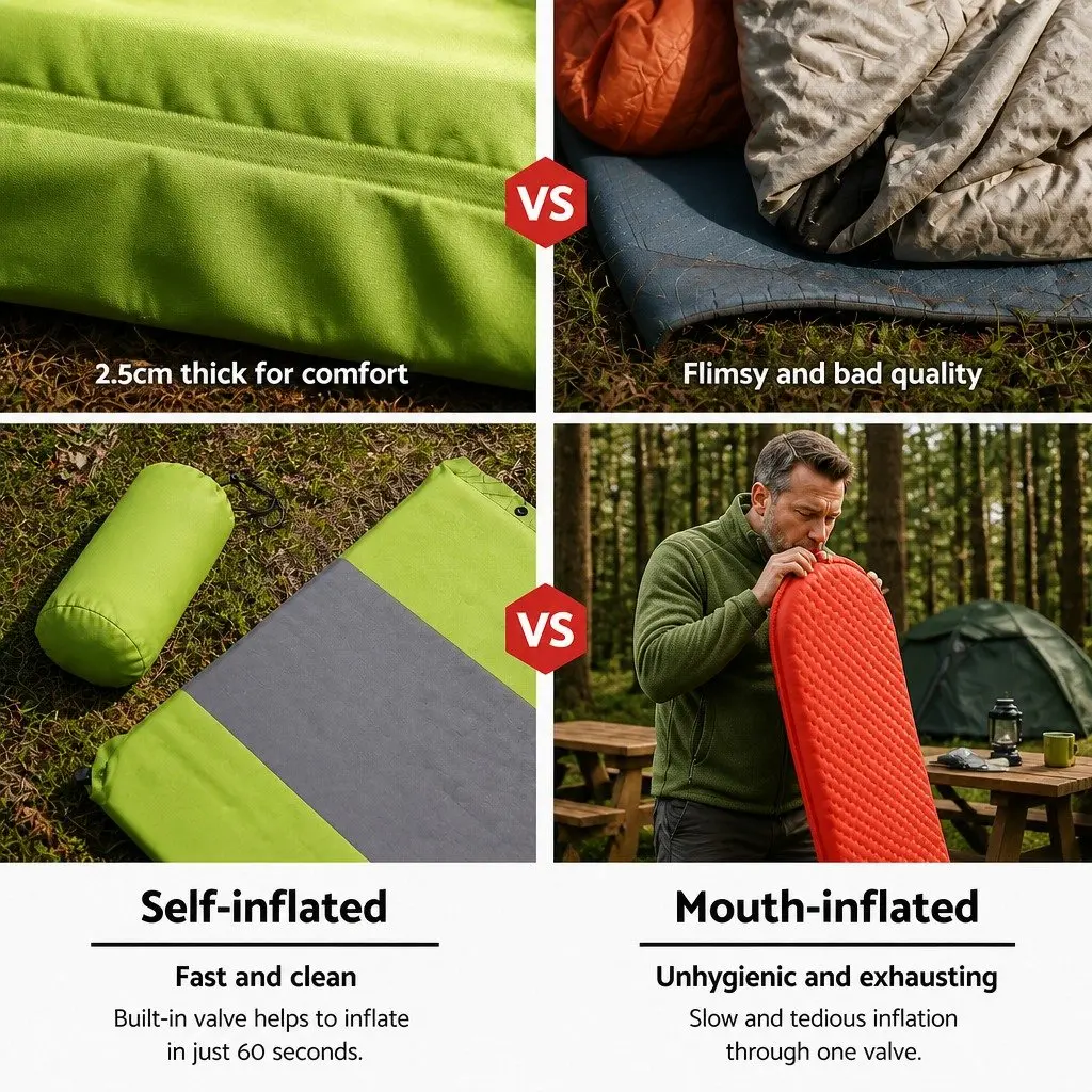 Single Green Self Inflating Camping Sleeping Mat 195x65x25cm Air Bed Pad