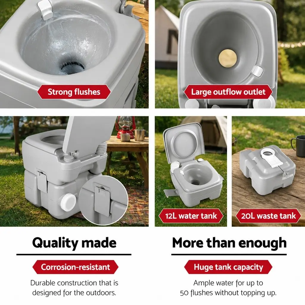 Portable Toilet 20L Camping Flush Grey Outdoor Travel Boating