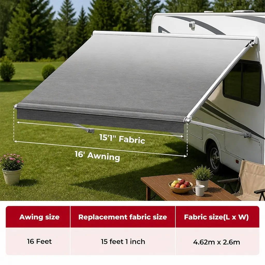 RV Awning Fabric Replacement 16FT Heavy-Duty 18.05oz UV-Resistant Waterproof