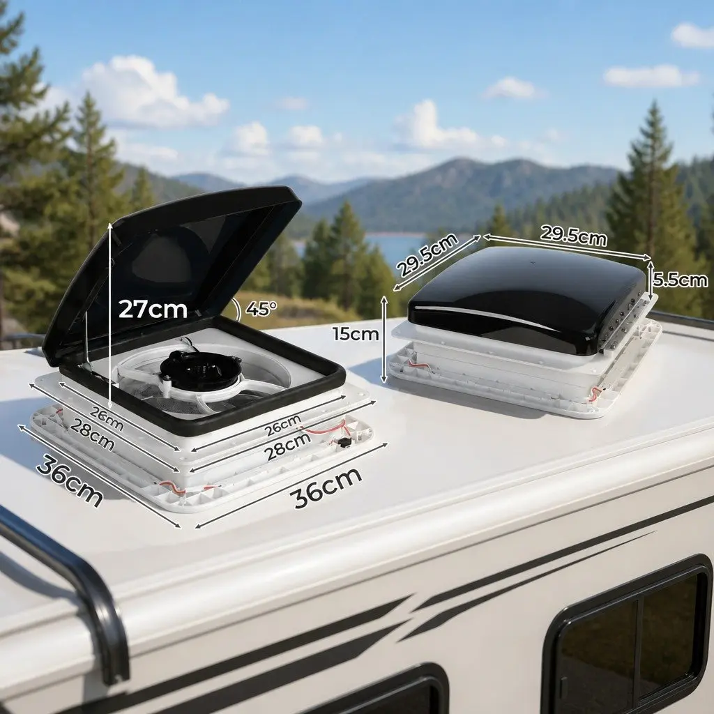 12V Roof Vent Hatch Fan LED Light for Caravan RV Trailer Exhaust Air White 33cm x 33cm x 15.2cm