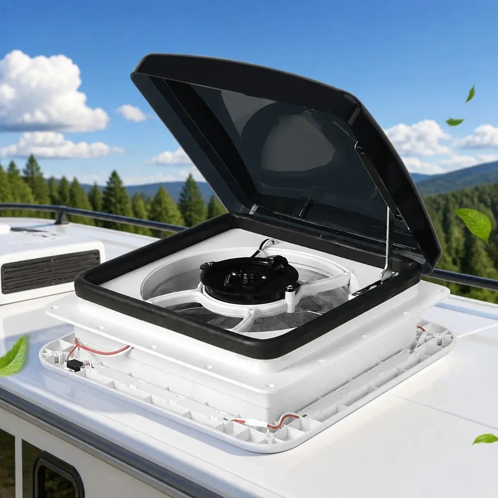 12V Roof Vent Hatch Fan LED Light for Caravan RV Trailer Exhaust Air White 33cm x 33cm x 15.2cm