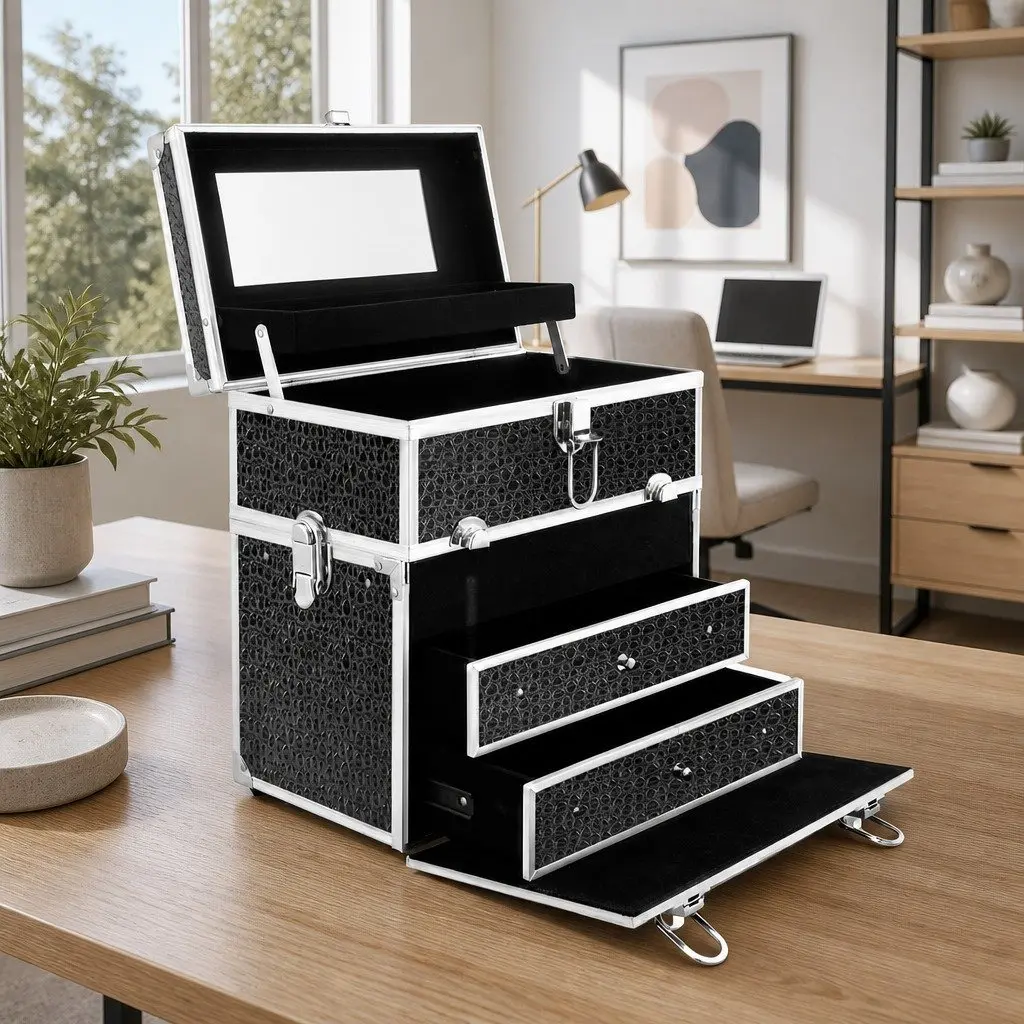 Portable Cosmetic Makeup Carry Case with Mirror 28x17.5x31cm Crocodile Black