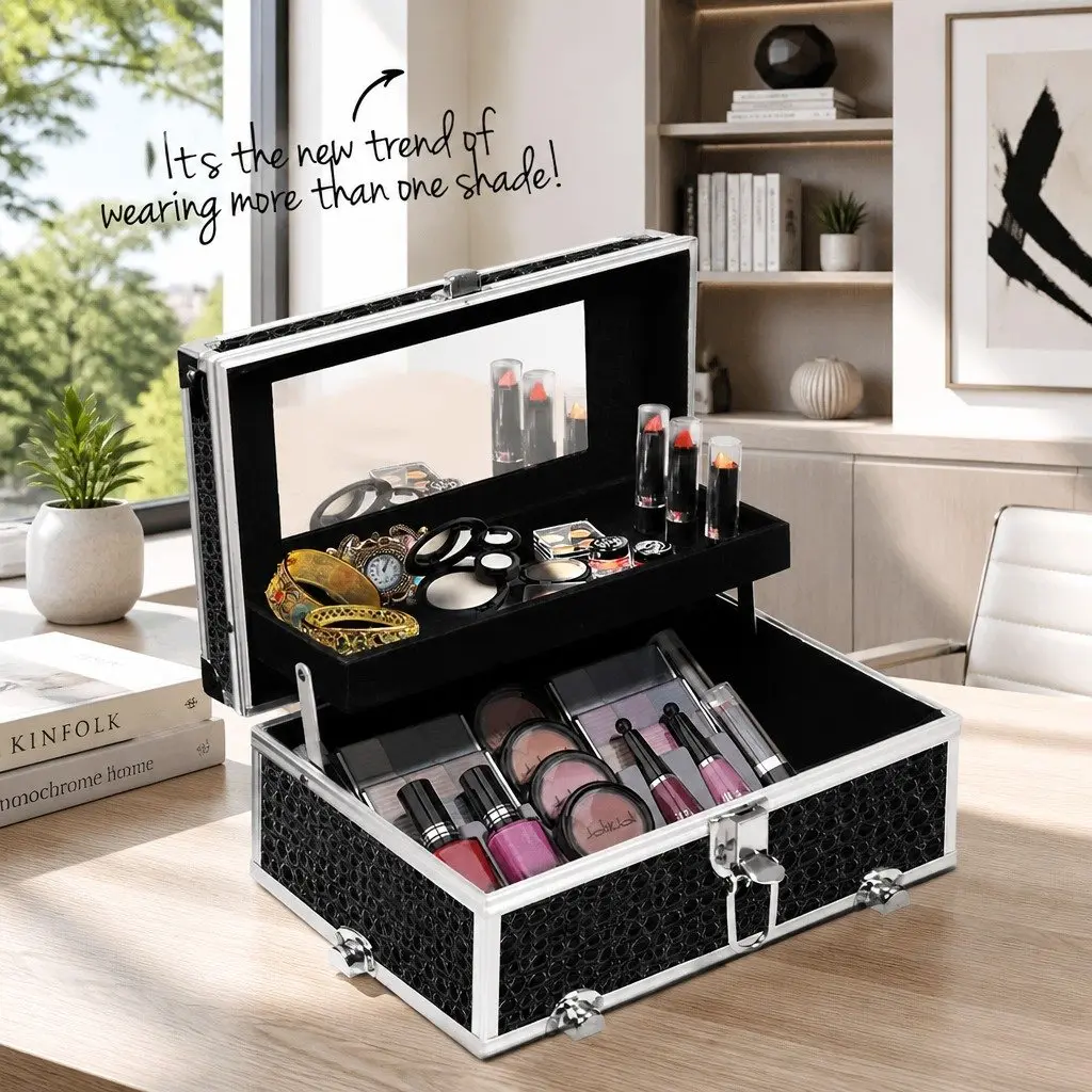 Portable Cosmetic Makeup Carry Case with Mirror 28x17.5x31cm Crocodile Black