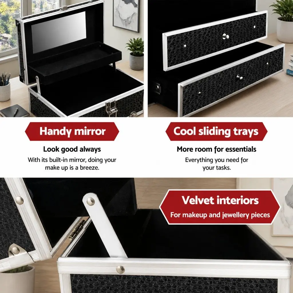 Portable Cosmetic Makeup Carry Case with Mirror 28x17.5x31cm Crocodile Black