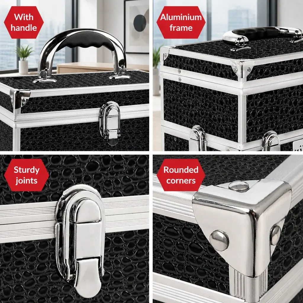 Portable Cosmetic Makeup Carry Case with Mirror 28x17.5x31cm Crocodile Black