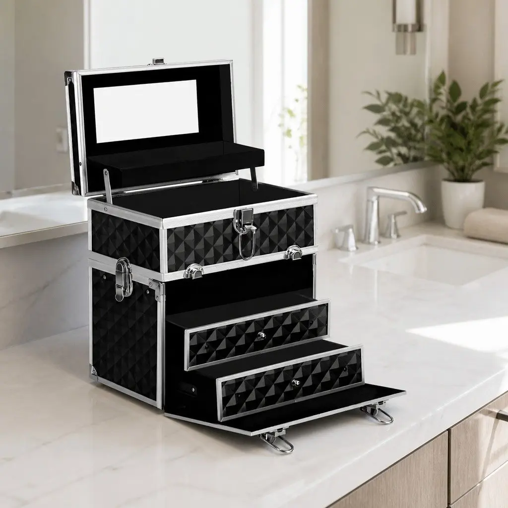 Cosmetic Storage Makeup Case Portable Organizer with Mirror 28 x 17.5 x 31 cm Diamond Black