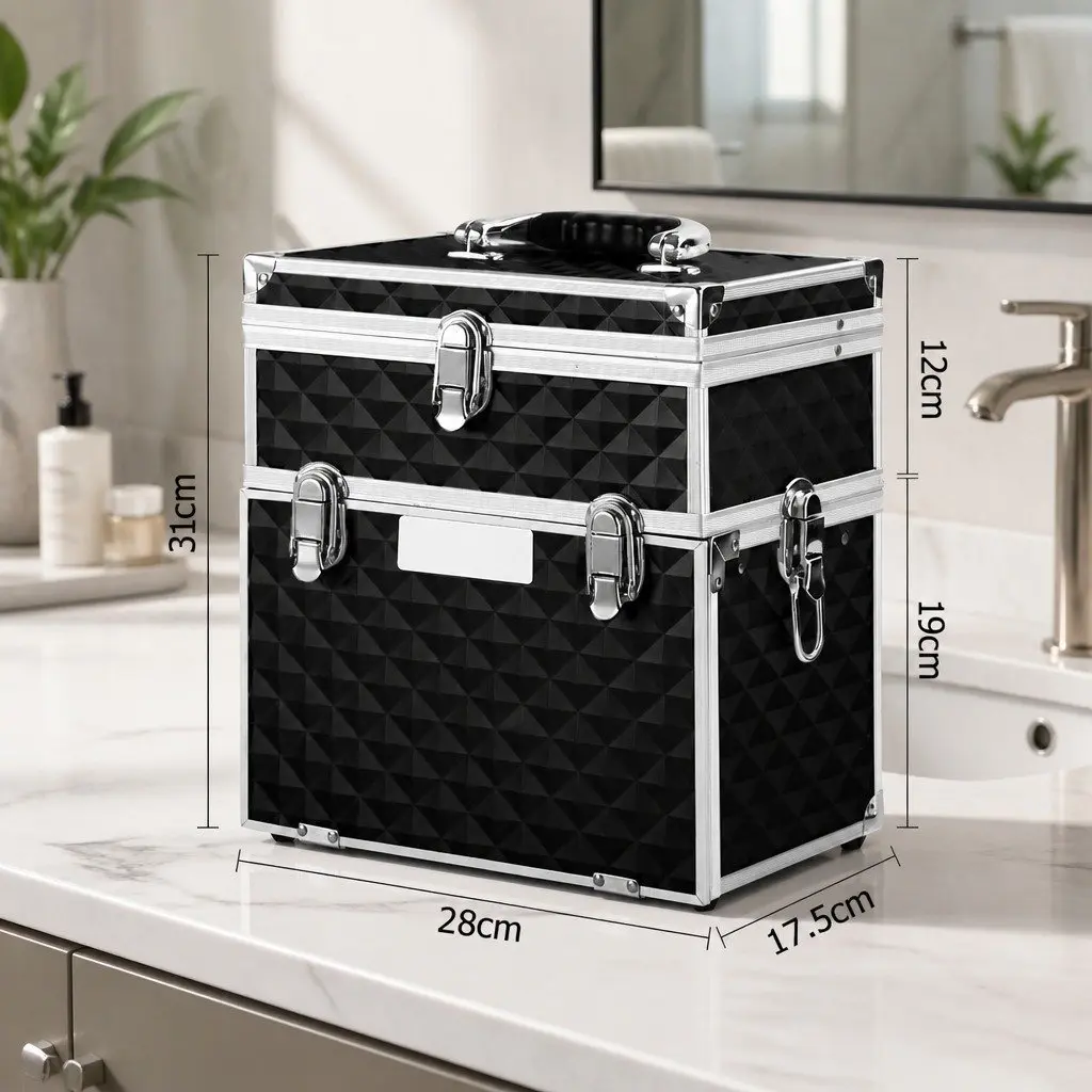 Cosmetic Storage Makeup Case Portable Organizer with Mirror 28 x 17.5 x 31 cm Diamond Black