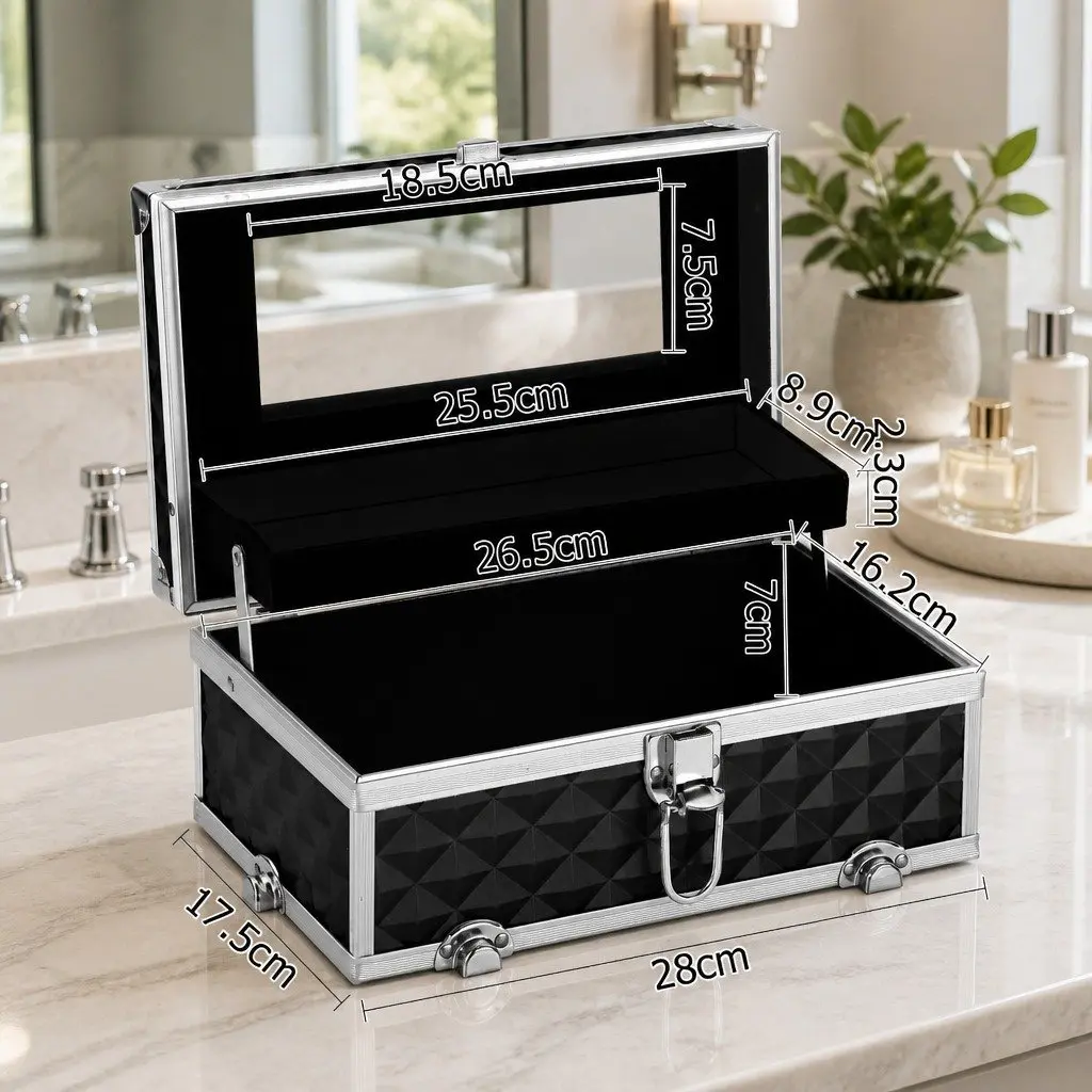 Cosmetic Storage Makeup Case Portable Organizer with Mirror 28 x 17.5 x 31 cm Diamond Black