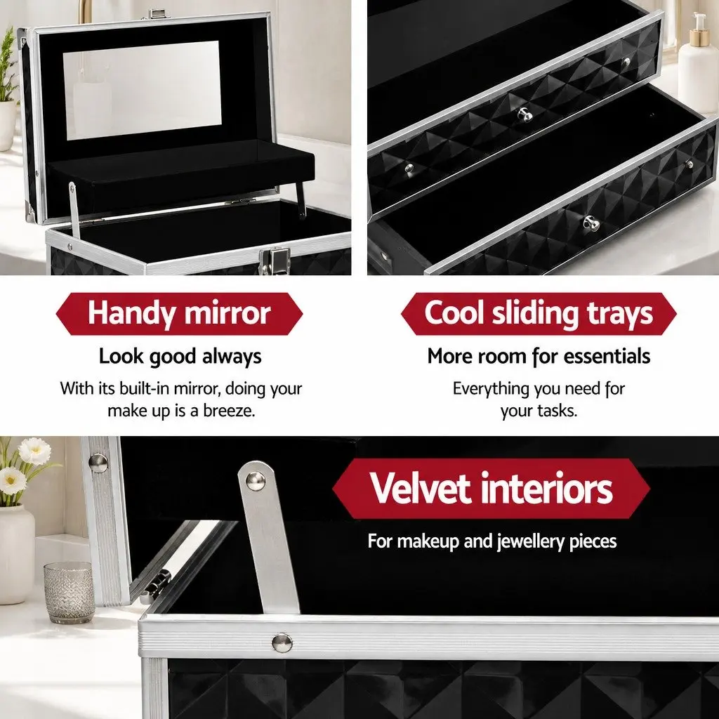 Cosmetic Storage Makeup Case Portable Organizer with Mirror 28 x 17.5 x 31 cm Diamond Black