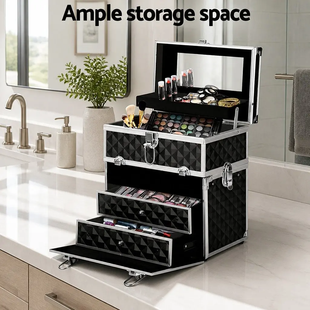Cosmetic Storage Makeup Case Portable Organizer with Mirror 28 x 17.5 x 31 cm Diamond Black