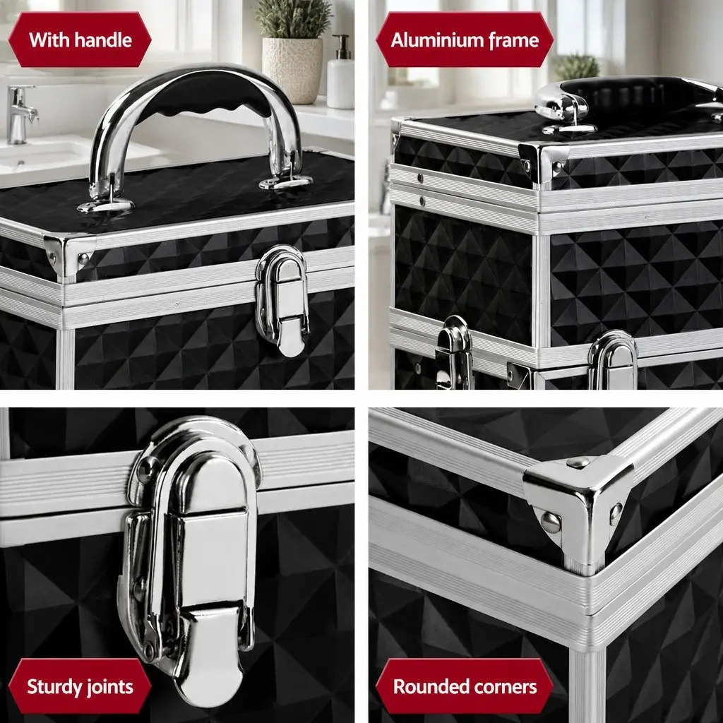 Cosmetic Storage Makeup Case Portable Organizer with Mirror 28 x 17.5 x 31 cm Diamond Black