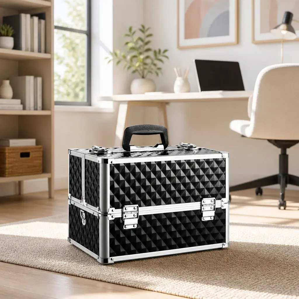 Portable Cosmetic Makeup Case Storage Organiser 23cm x 36cm x 26cm Diamond Black