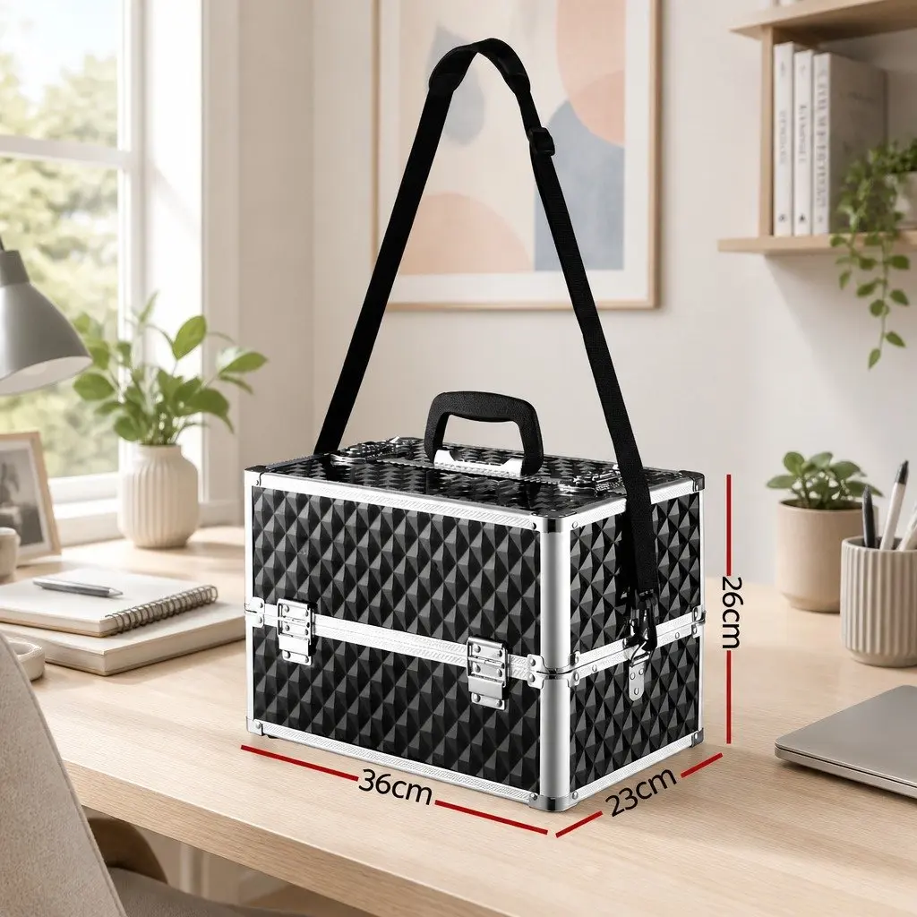 Portable Cosmetic Makeup Case Storage Organiser 23cm x 36cm x 26cm Diamond Black