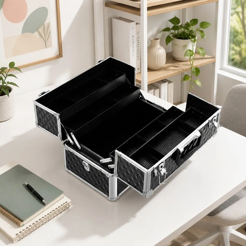 Portable Cosmetic Makeup Case Storage Organiser 23cm x 36cm x 26cm Diamond Black