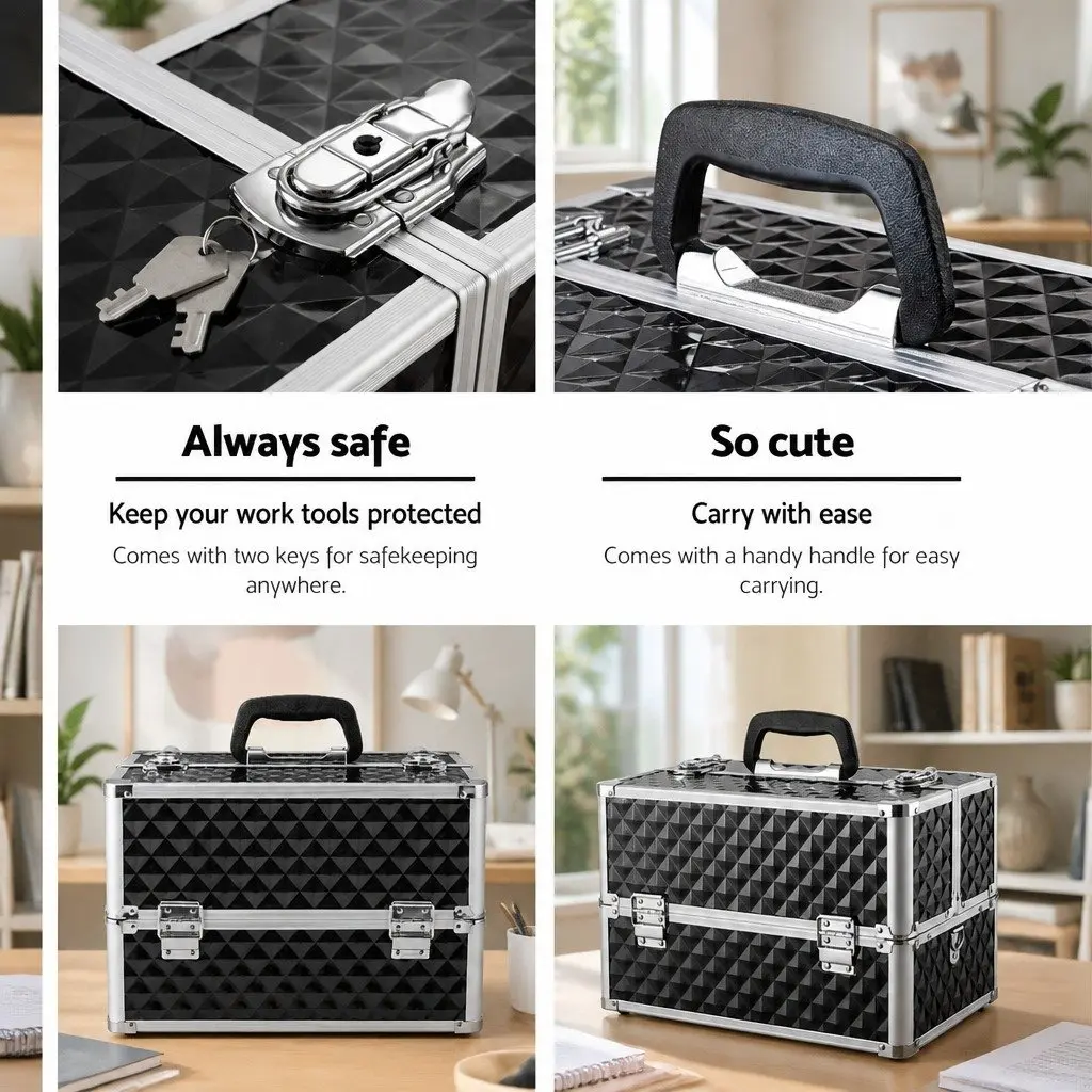 Portable Cosmetic Makeup Case Storage Organiser 23cm x 36cm x 26cm Diamond Black