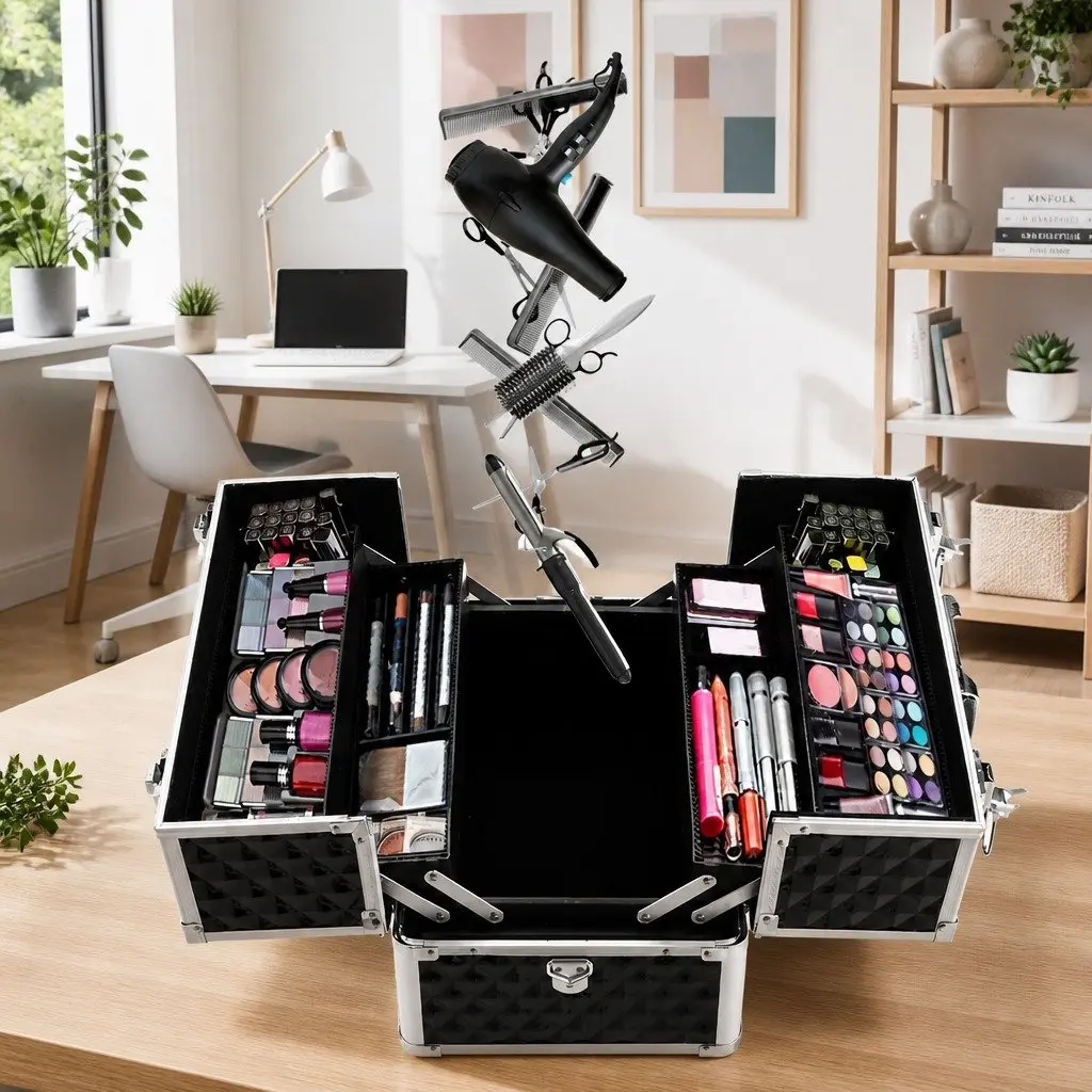 Portable Cosmetic Makeup Case Storage Organiser 23cm x 36cm x 26cm Diamond Black