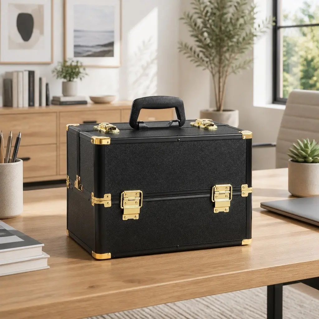 Cosmetic Storage Case Portable Makeup Organizer Black Gold 36x25x23cm