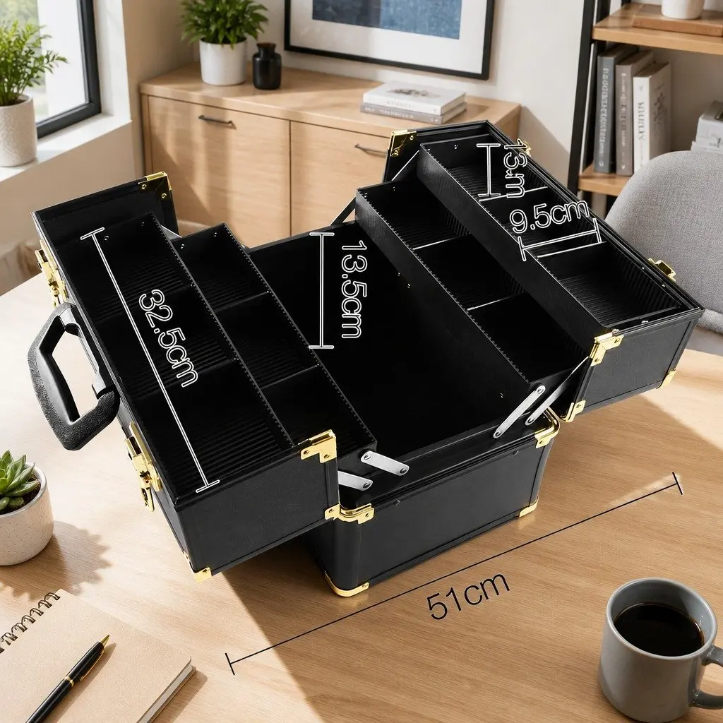 Cosmetic Storage Case Portable Makeup Organizer Black Gold 36x25x23cm