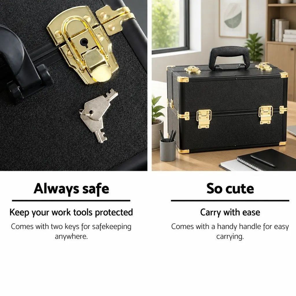 Cosmetic Storage Case Portable Makeup Organizer Black Gold 36x25x23cm