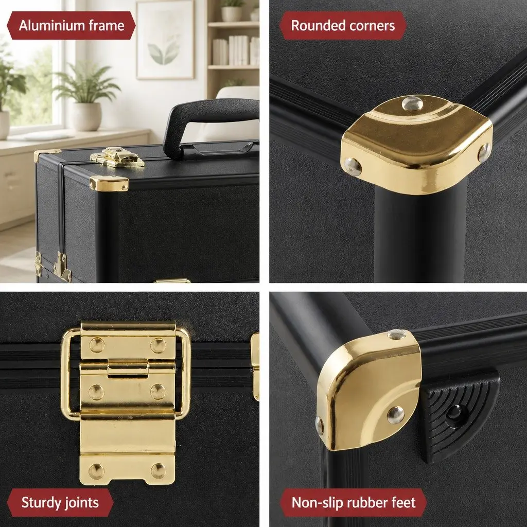 Cosmetic Storage Case Portable Makeup Organizer Black Gold 36x25x23cm