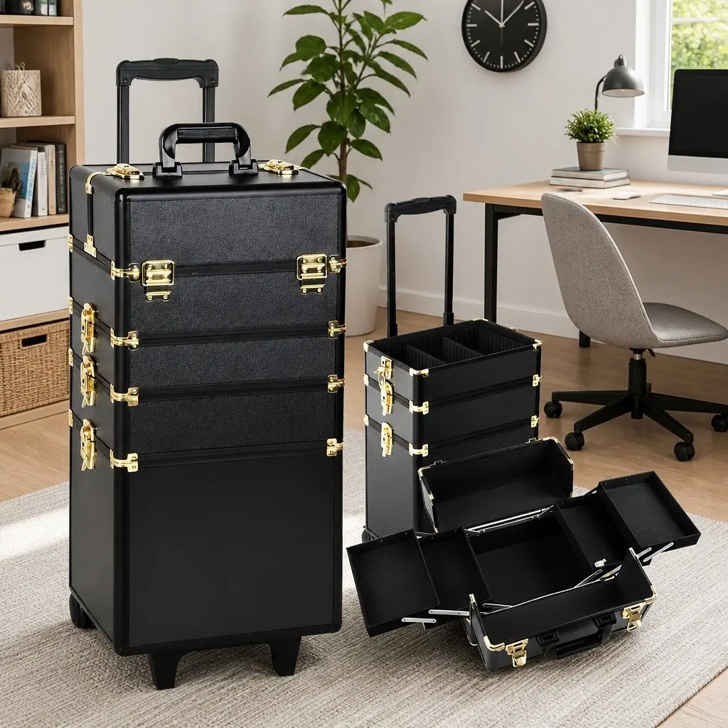 Makeup Case Trolley Cosmetic Organiser 4 Layer Adjustable Dividers Gold Black