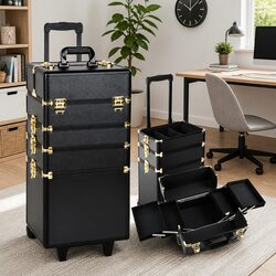 Durable Gold and Black Makeup Case with Adjustable Dividers