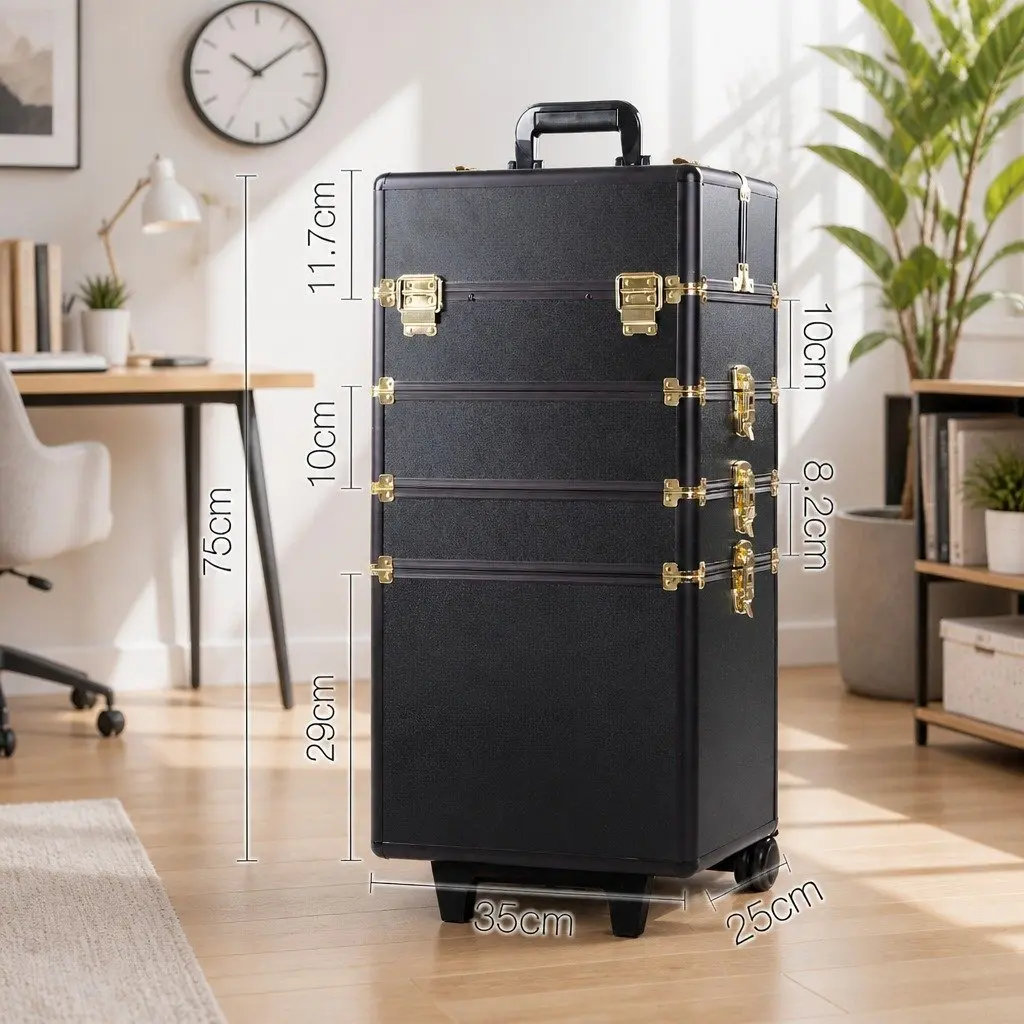 Makeup Case Trolley Cosmetic Organiser 4 Layer Adjustable Dividers Gold Black