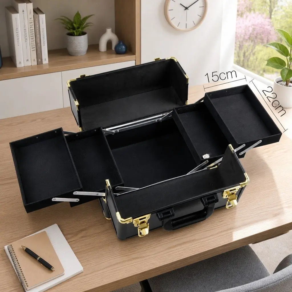 Makeup Case Trolley Cosmetic Organiser 4 Layer Adjustable Dividers Gold Black