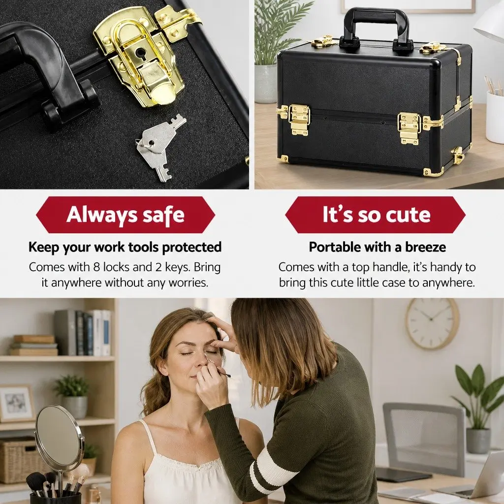 Makeup Case Trolley Cosmetic Organiser 4 Layer Adjustable Dividers Gold Black