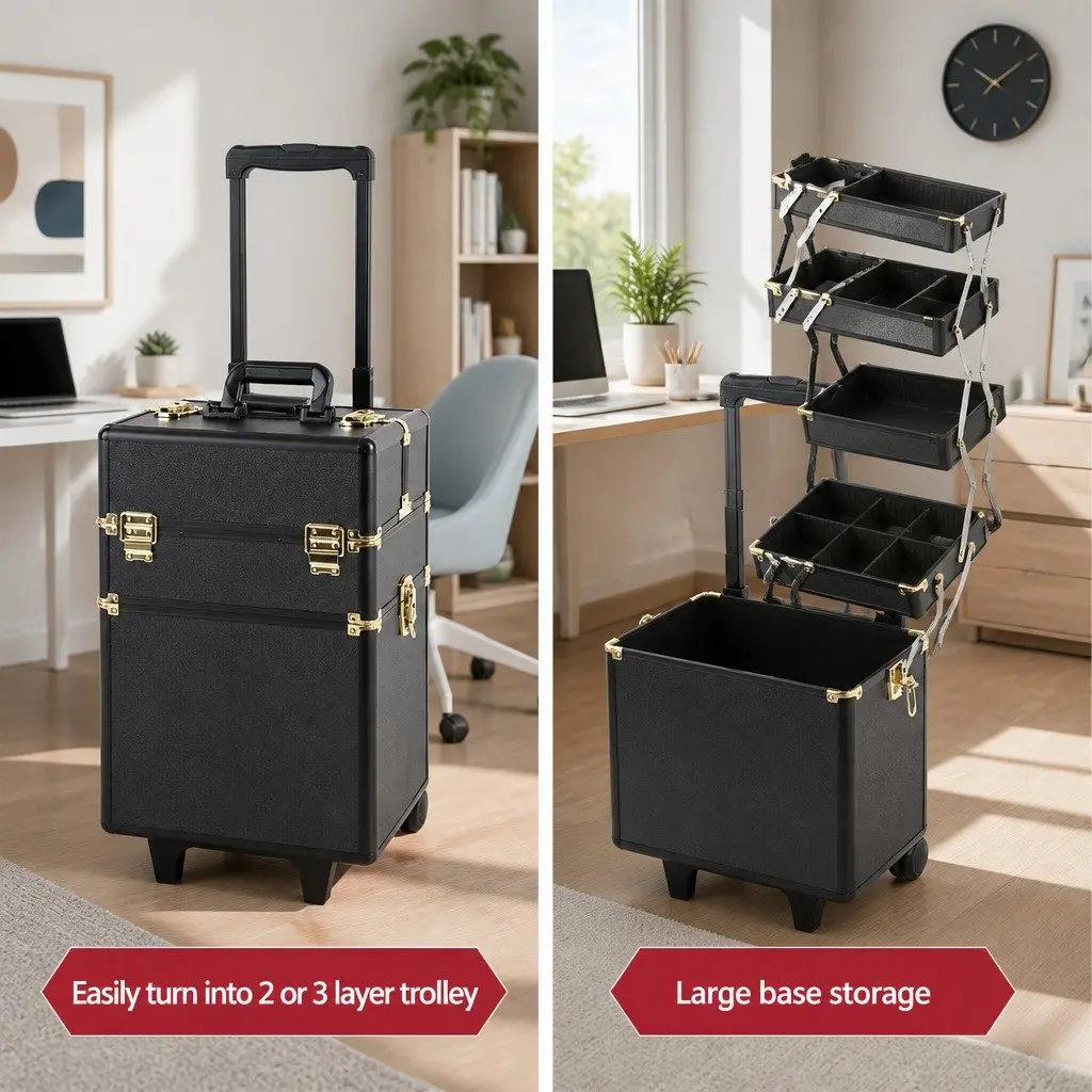 Makeup Case Trolley Cosmetic Organiser 4 Layer Adjustable Dividers Gold Black