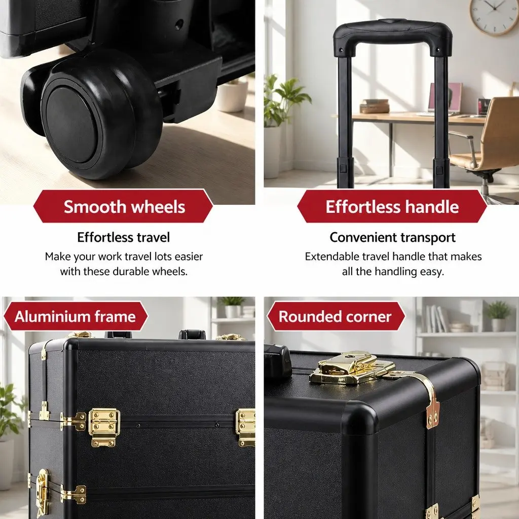 Makeup Case Trolley Cosmetic Organiser 4 Layer Adjustable Dividers Gold Black