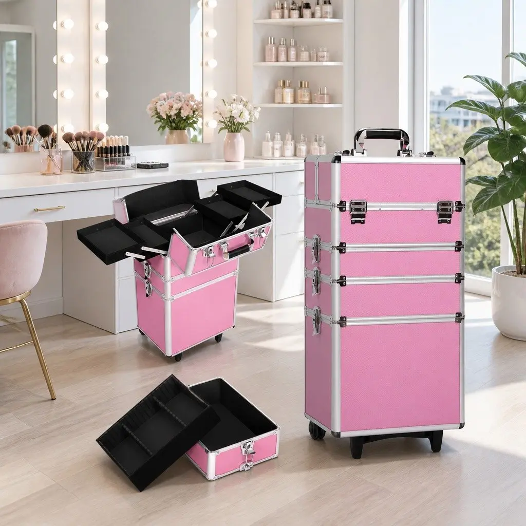 Makeup Trolley 7-in-1 Cosmetic Organiser Box Travel Size Pink