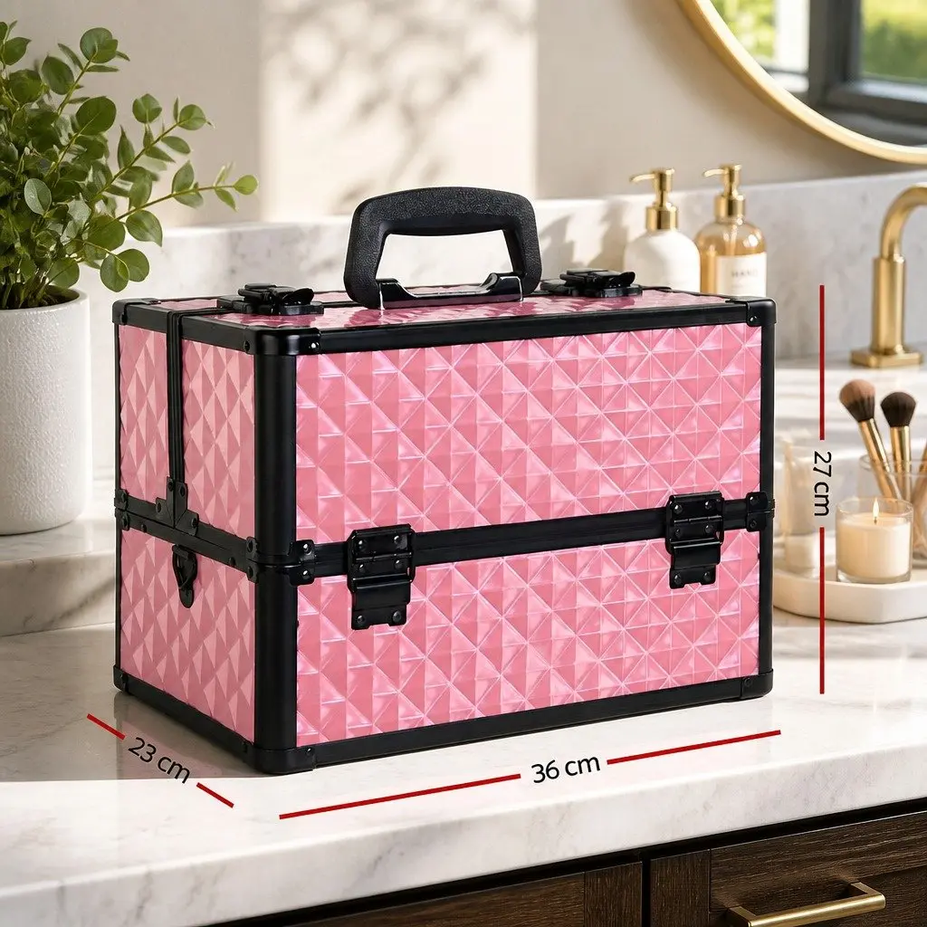 Cosmetic Makeup Case Organiser 23 x 36 x 27 cm Diamond Pink Lockable with Shoulder Strap