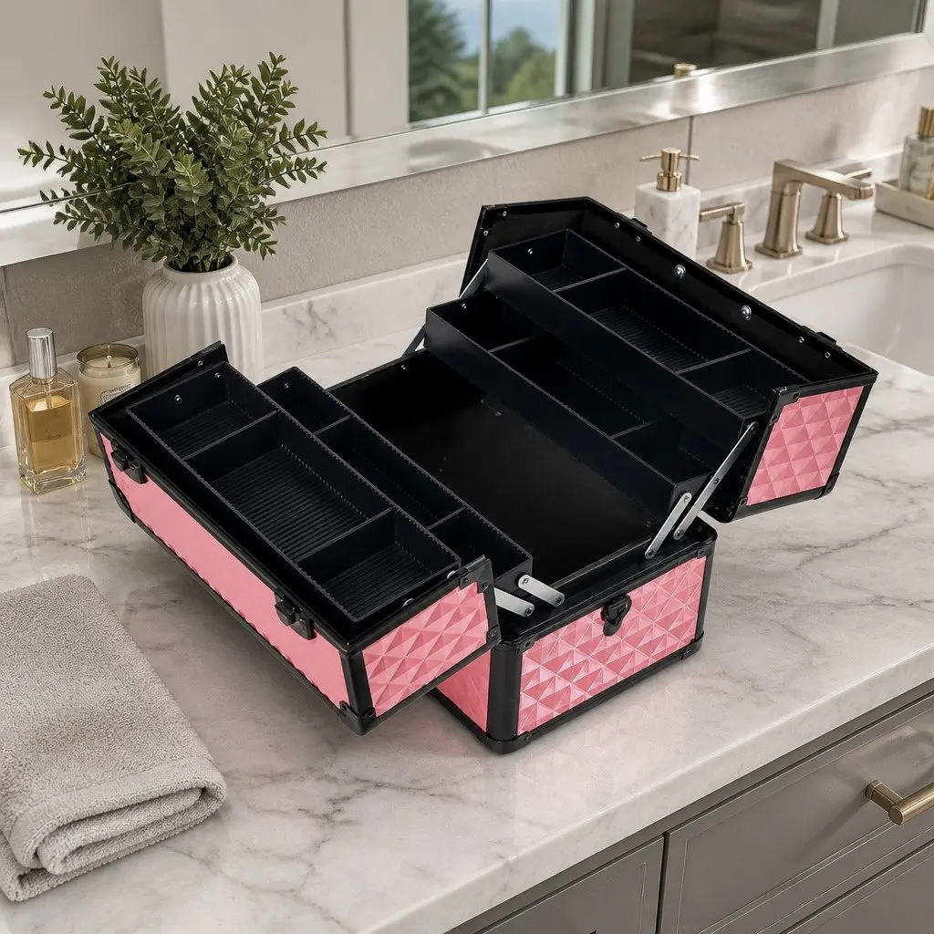 Cosmetic Makeup Case Organiser 23 x 36 x 27 cm Diamond Pink Lockable with Shoulder Strap