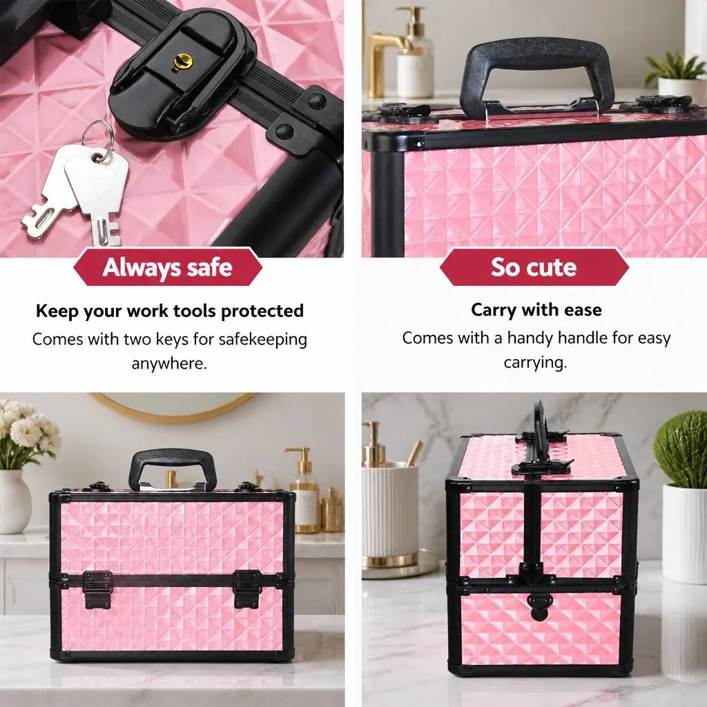 Cosmetic Makeup Case Organiser 23 x 36 x 27 cm Diamond Pink Lockable with Shoulder Strap