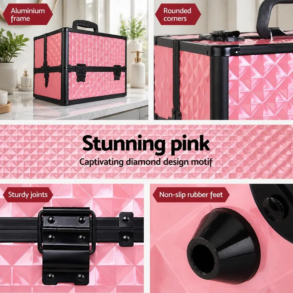 Cosmetic Makeup Case Organiser 23 x 36 x 27 cm Diamond Pink Lockable with Shoulder Strap
