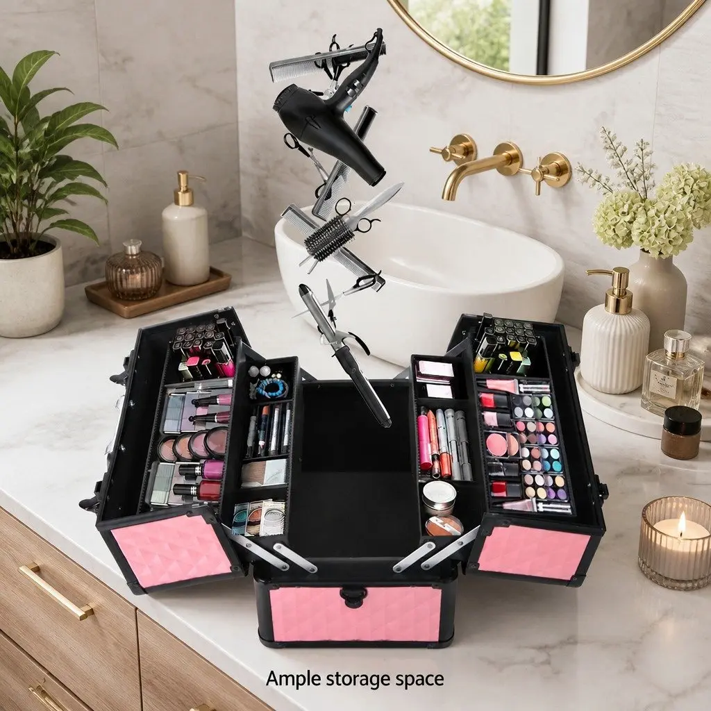 Cosmetic Makeup Case Organiser 23 x 36 x 27 cm Diamond Pink Lockable with Shoulder Strap