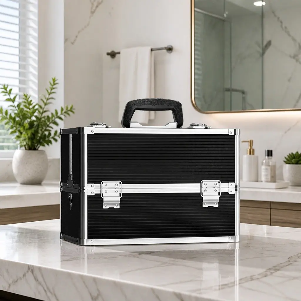 Portable Makeup Case Organiser Adjustable Compartments 23x36x27cm Black