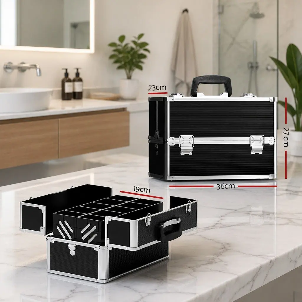 Portable Makeup Case Organiser Adjustable Compartments 23x36x27cm Black