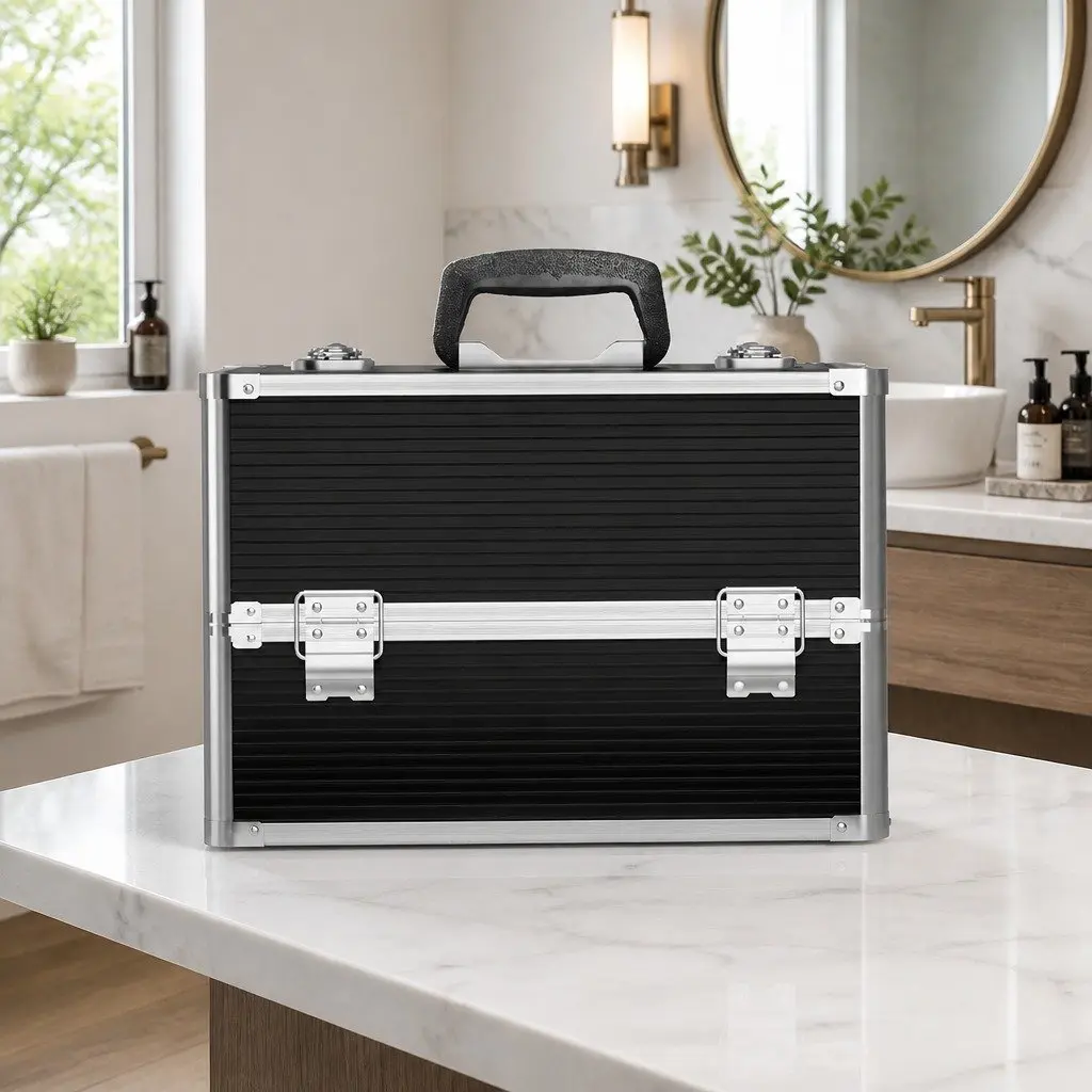 Portable Makeup Case Organiser Adjustable Compartments 23x36x27cm Black