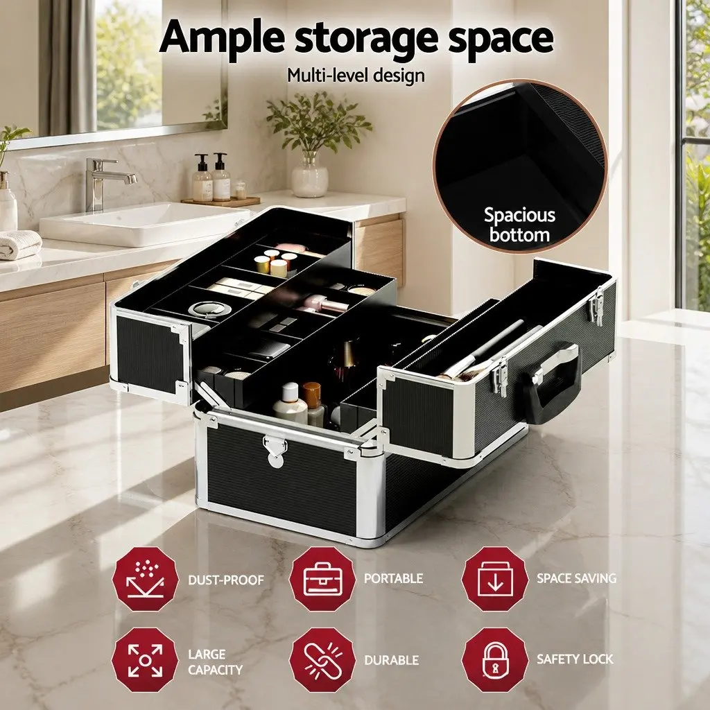 Portable Makeup Case Organiser Adjustable Compartments 23x36x27cm Black