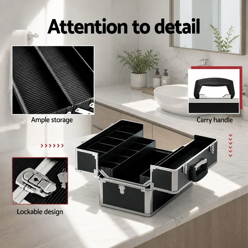 Portable Makeup Case Organiser Adjustable Compartments 23x36x27cm Black