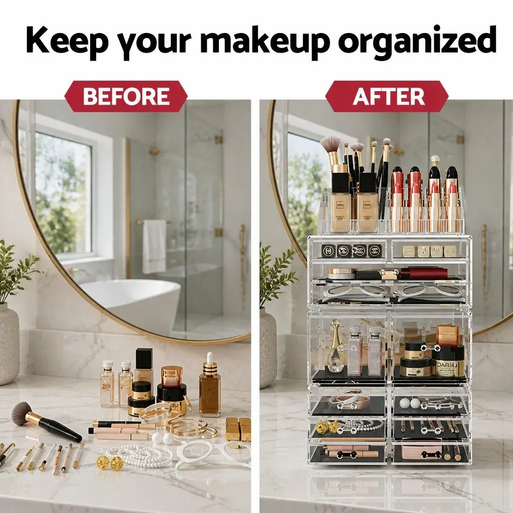 Makeup Organizer Acrylic Cosmetic Storage Box 12 Drawers Transparent Clear